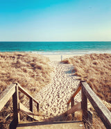 A walk along the beach in March! Showing the ocean, dune grass, sand and walkway with steps to beach on Nantucket Island.