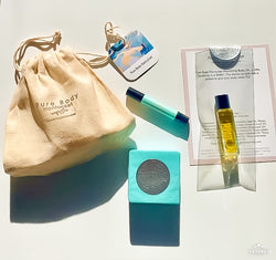 Discovery Set with Little Grey Lady Soap, Nourishing Body Oil, Lip Conditioner and re-usable Pure Body Nantucket organic cotton bag with tag.