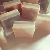Grey Lady Soap. 4 oz Body Bar Size. Three tone soap. Charcoal grey on one side and pink clay and white coconut on the other.